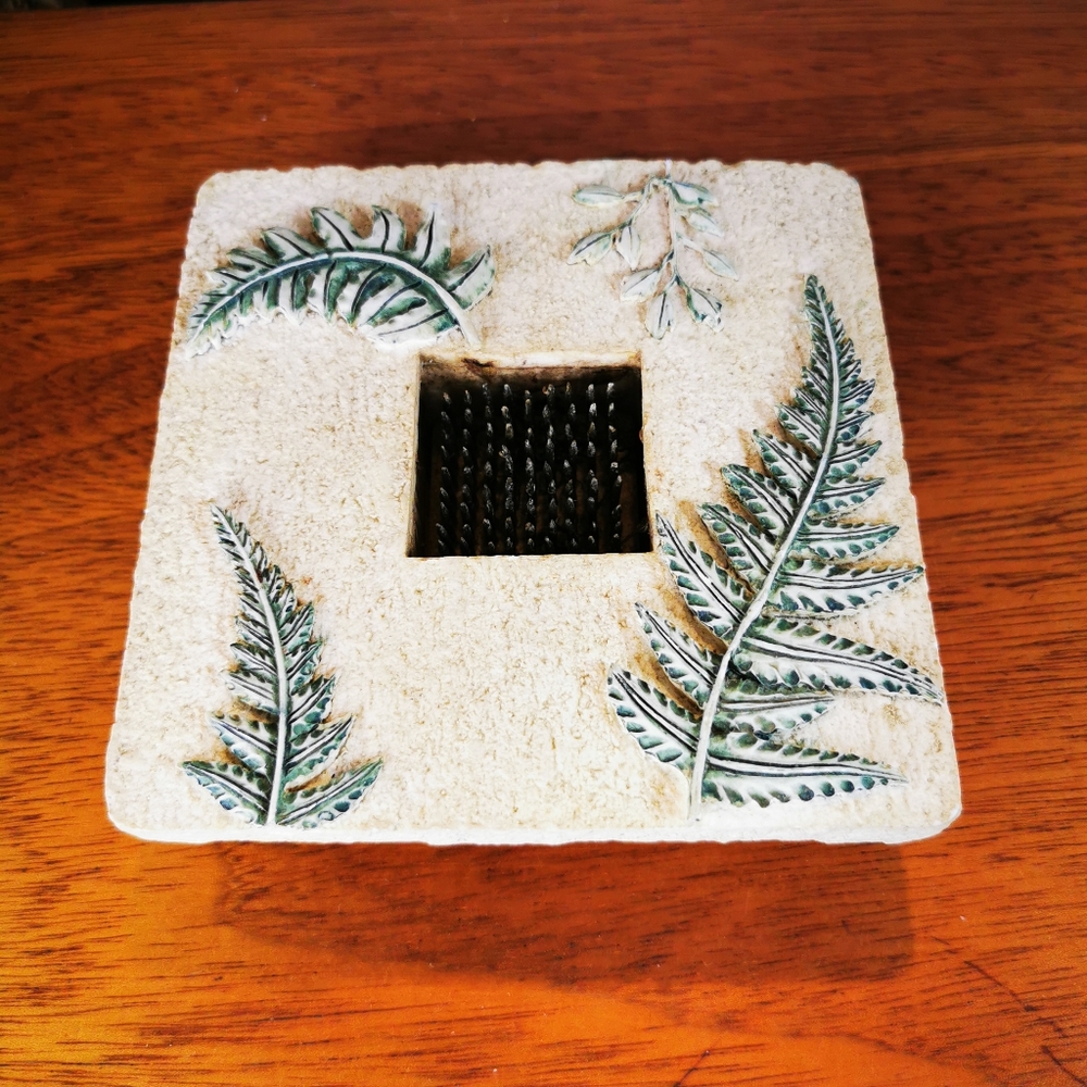 Artis-Anna Square Resin Flower Frog Ikebana Fern Leaves on Faux Cement